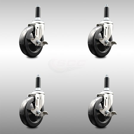 5 Inch 316SS Soft Rubber Swivel 7/8 Inch Expanding Stem Caster Set Brake SCC